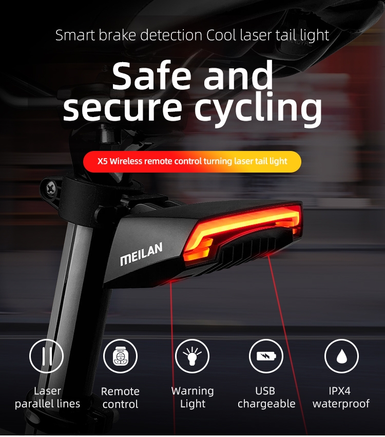 Meilan X5 LED Fahrrad Rücklicht, Blinker Laser Bremslicht, Fernbedienung, USB  wiederaufladbar, Wasserdicht