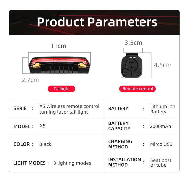 Meilan X5 LED Fahrrad Rücklicht, Blinker Laser Bremslicht, Fernbedienung,  USB wiederaufladbar, Wasserdicht